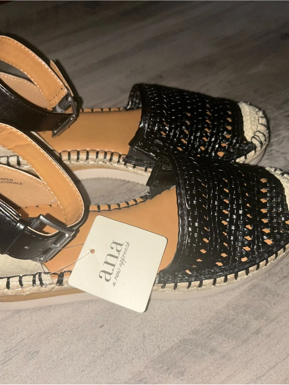 a.n.a Black Woven Espadrille Ankle-Strap Flats with Natural Jute Toe